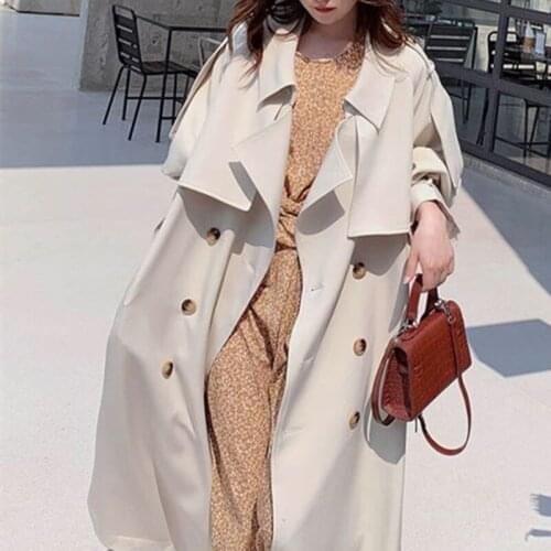 New Spring Autumn Women Long Trench Coat Double Breasted Belted Dress Loose Coat Office Lady Outerwear Fashion