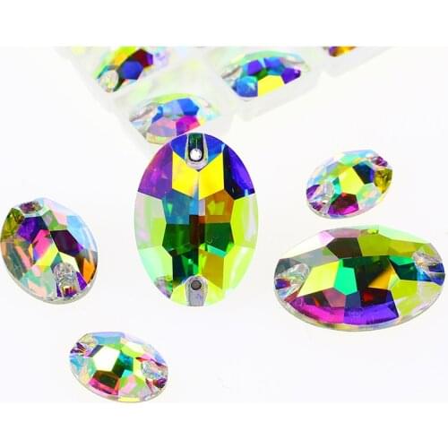 Oval Diamond AB Sewing Rhinestone Flatback Sew on Crystal and Stones Glitter Gems Applique For Clothes Germent Wedding Dress