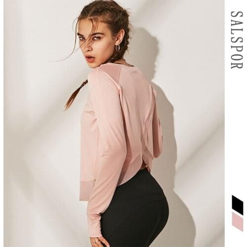 SALSPOR Shirts Women Mesh Back Split Cross Yoga Long Sleeve Workout Breathable Running Gym Training Sportswear