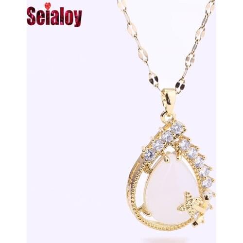 Seialoy Gold Inlaid Style Necklace For Women Original High Quality White Water Drops Crystal Zircon Pendant Girl Collar