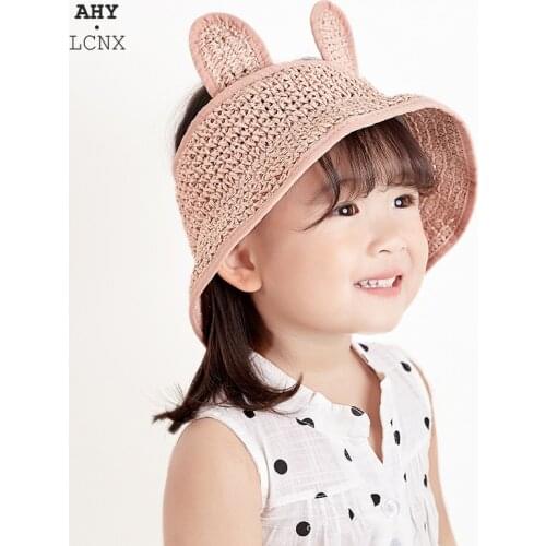 Summer Childrens Beach Sun Hat Girls Boy Cute Rabbit Ears Empty Top Straw Hats Kids Folding Cap Kids Baby Wide Brim Sun Caps
