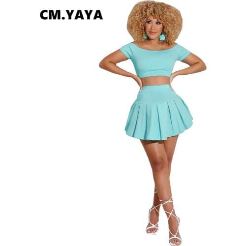 CM.YAYA Women Set Solid Short Sleeve Slash Neck Crop Tops Mini Pleated Skirts Two 2 Piece Sets Casual Fashion Outfits Summer