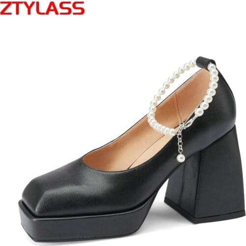 Black Beige Sliver Platform Women Shoes Fashion String Bead Mary Jane Pumps Ladies Square High Heel Genuine Leather Autumn Pumps