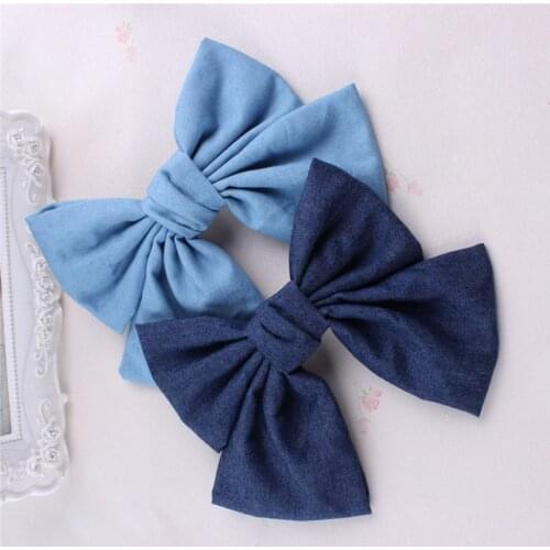 10 Colors Women Girls Vintage Soft Solid Denim Bow Barrette Big Size Lovely Bowknot Hair Clips Hairpin Blue Denim Headwear