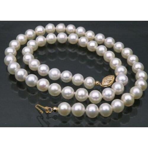Jewelry Pearl Necklace + perfect 9-10mm white akoya pearl necklace 18" 925silver yellow gold clasp Free Shipping