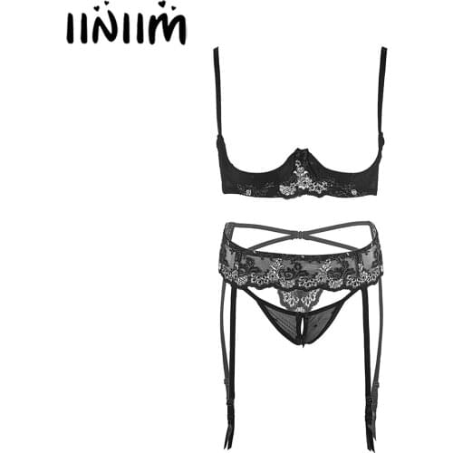 Womens Femme Exotic Set Embroidery Sexy Lingerie Suits Spaghetti Strap Bra Crotchless Briefs Panties Underwear with Garter Belts