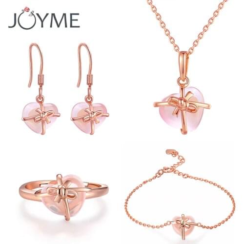 4 PCS Pink Cat Eye Bridal Jewelry Sets & More for Women Heart Opal Rose Gold Wedding Jewelry Earring Ring Bracelet Necklace Set