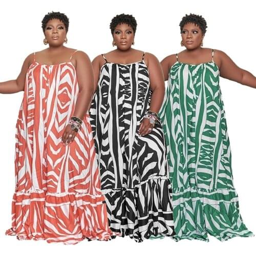 Plus Size Dress 5XL Stripe Printed Sexy Spaghetti Strap Comfortable Floor Length Loose Fold Women Beach Holiday Dress
