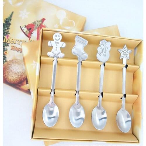 4Pcs/Set Stainless Steel Spoon Xmas Party Coffee Spoon with Christmas Pendant Christmas Decorations Christmas Kid Gift Tea Scoop