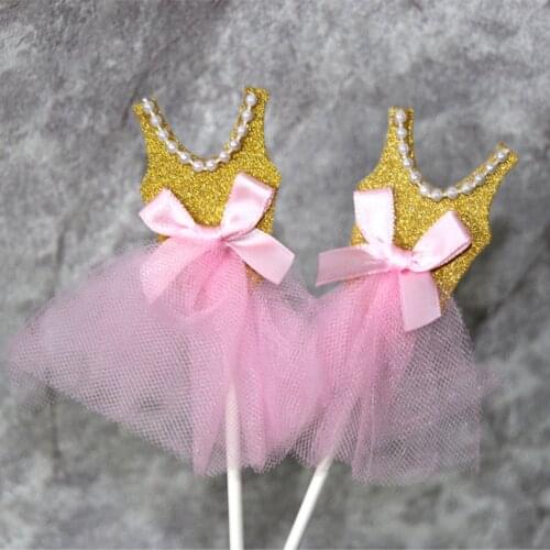 5Pcs Bling Bling Ballerina Skirt Princess Tutus Dress Cake Toppers Cake Accessories Cupcake Picks for Girls Birthday Theme Party