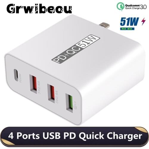51W Quick Charge 3.0 QC PD Fast Charger USB Type C Charging for iPhone 12 11 X Xs 8 Xiaomi Samsung S21 S20 Ultra Phone Charger