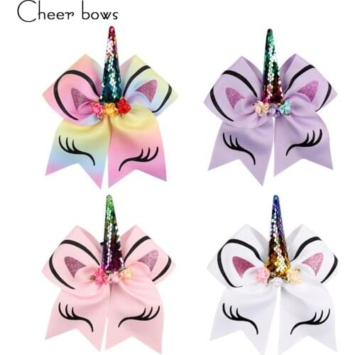 7'' Large Sequin Horse Horn Cheer Bows Glitter Print Flower Hair Bow With Elastic Hair Bands For Children Girls Hair Accessories