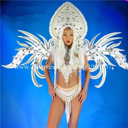 White Led Luminous Stage Performance Angel Costumes Pearl Headdress Light Up Big Wings Party Event Bikini Catwalk Model Clothing