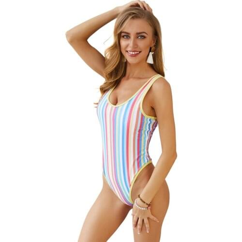 TMELAINE 2020 Striped Swimwear One Piece Swimsuit Women Sport Bodysuit Beach Bathing Suit Swim