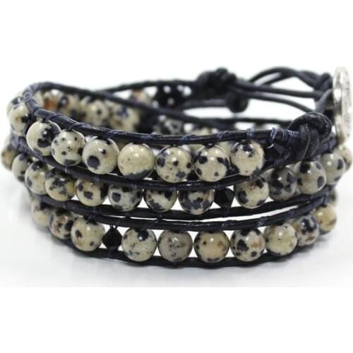 Dalmatian Stone Beaded Wrap Bracelet for Women Men Faceted Sparkling Black Crystal Beads Charms Boho Bracelet Handmade Braided