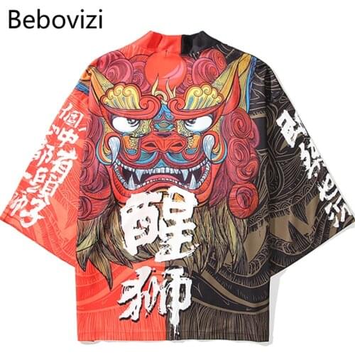 Bebovizi Men Woman 2020 Japanese Cardigan Cosplay Shirt Blouse for Women Yukata Female Streetwear Lion Beach Traditional Kimono