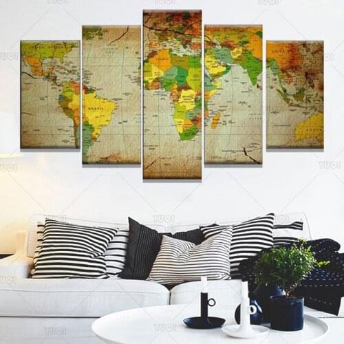 World Map Global Color 5 piece HD Art Poster Wall Home Decor Canvas Print 5 panel Pictures Framed Paintings Living Room