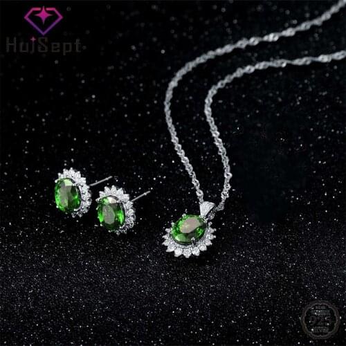 HuiSept Jewelry Set 925 Silver Earring Necklace Oval Shaped Emerald Zircon Gemstones Accessories for Women Wedding Drop shipping