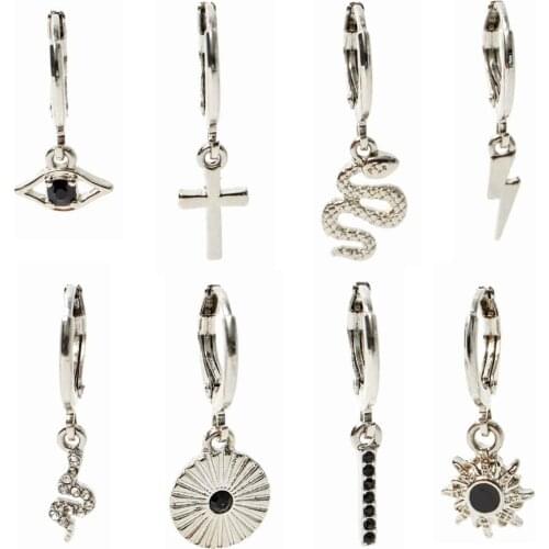 8 Pcs Trendy Cute Cross Lightning Star Mini Small Hoop Earrings Set For Women Girls Silver Color Punk Snake Evil Eye Earrings