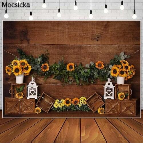 Mocsicka Sunflower Cake Smash Photography Backdrops Brown Wood Board Children 1st Birthday Photo Props Studio Booth Background