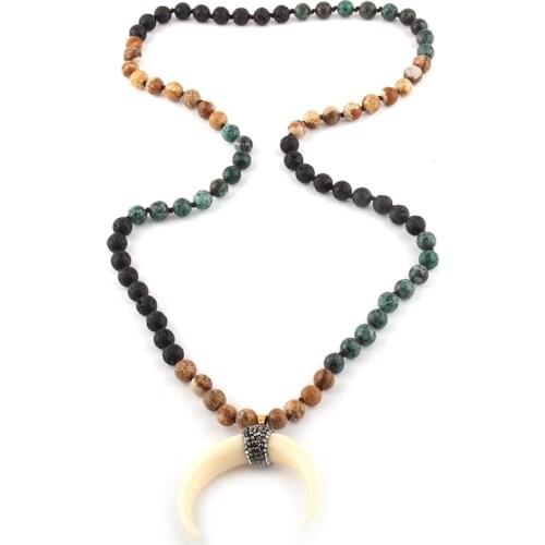 Fashion Bohemian Tribal Jewelry Multi Stone Knotted Moon Pendant Necklace
