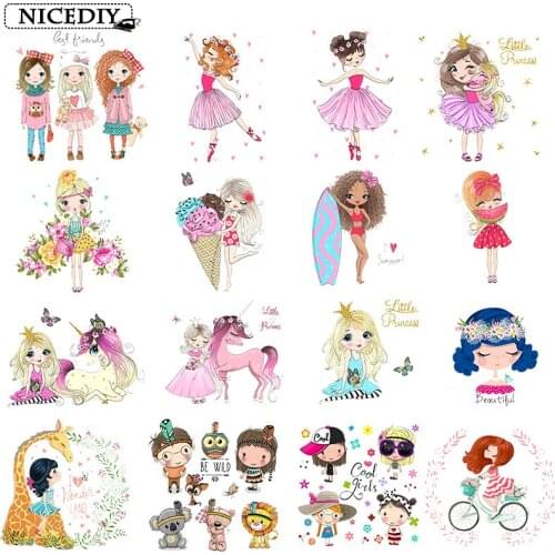 DIY Cartoon Girl Patches Vinyl Heat Transfer Patch Unicorn Girl Iron On Transfers On Clothes Thermal Transfer Press Applique