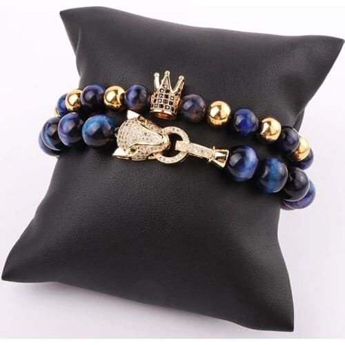 New Fashion Natural Stone Polar Lights Tiger Eye Beads Luxury Leopard Crown Charm Elastic Beads Bracelet Set Jewelry Men Women