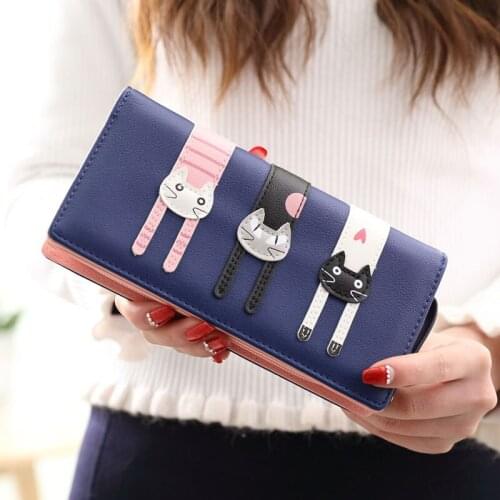 Wholesale New Women Cute PU Leather Hasp Cartoon Cat Wallets Long Brieftier Animal Purse Card Holder For Girl Handbag women bags