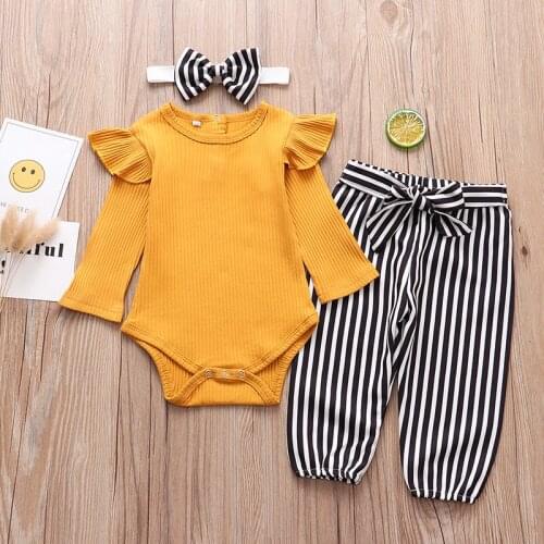 Autumn Baby Girl Clothes Sets 3Pcs Newborn Ruffles Solid Romper Bodysuit Floral Pants Headband Outfits Toddler Clothing Cute Set