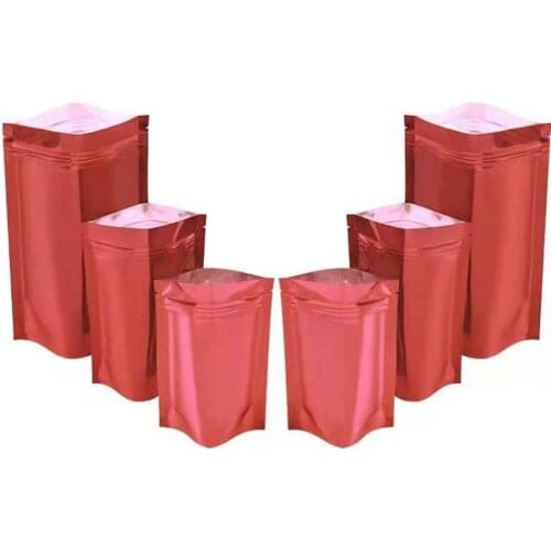 100Pcs/Lot Glossy Red Mylar Foil Zip Lock Stand Up Bag Tear Notch Self Seal Doypack Food Snack Tea Chocolate Storage Pouches
