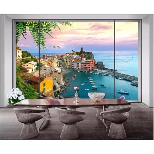 Custom photo wallpaper 3d Windows seaside buildings boats landscape background wall 3d wall murals wallpaper for living room