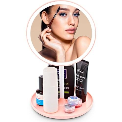 LED Makeup Mirror With Light Ladies Makeup Lamp With Storage Desktop Rotating Mirror Round Shape Cosmetic Mirrors