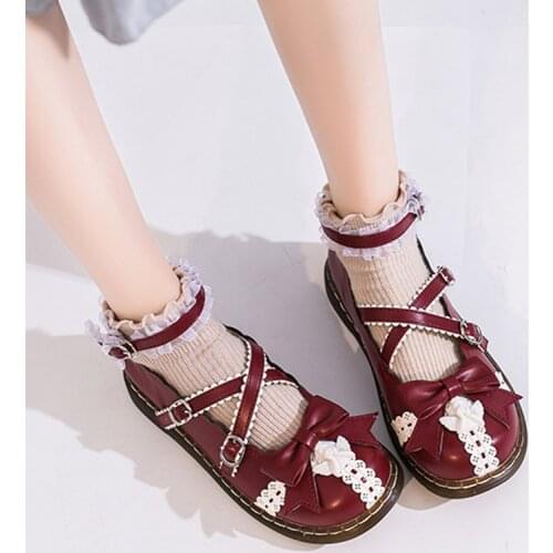 High Quality Lolita Shoes Retro Girls Princess Shoes Buckle Mary Janes Shoes For Women Flats Cute Bow Lace Casual Shoes 8598G