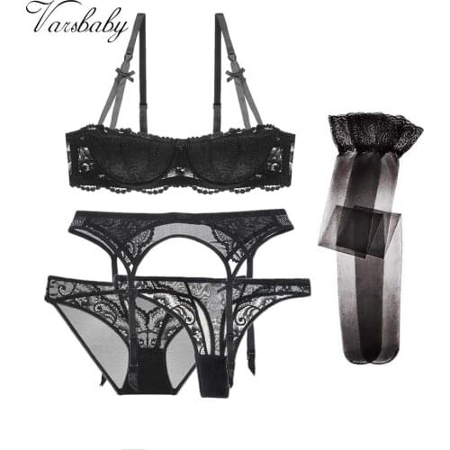 Varsbaby 5Pcs Women Sexy Bow Underwire Half Cup Push Up Bra Set Bra+Panties+Thong+Garter+Stockings For Ladies Lingerie Set