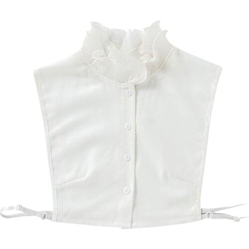 Women Double Layer Ruffle Stand Fake Collar Button Chiffon Detachable Half Shirt New 2021