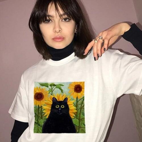 Women Tshirts dropshipping cute cat Cartoon print Flower vintage streetwear clothes print harajuku shirt gothic tees Hip hop top