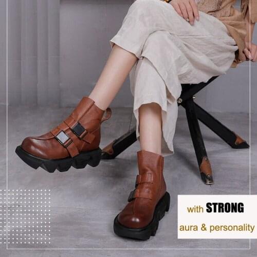 Ankle Motorcycle Boots Lady Buckle Strap Winter 2021 New Genuine Leather Round Toe High Heel Platform Handmade Women Short Boots