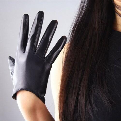 Genuine Leather Pure Sheepskin Gloves Female Fashion Black European Version Slender Cut Simple Style Woman Gloves TB78