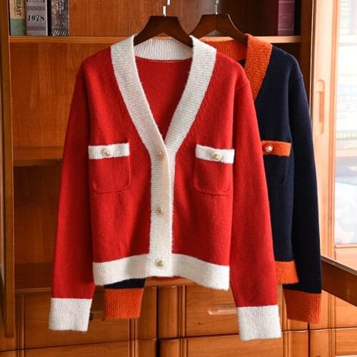 2021 Fashion New Women Patchwork V Neck Knitted Coat Female Luxury Casual Sweater Cardigans 2 Color