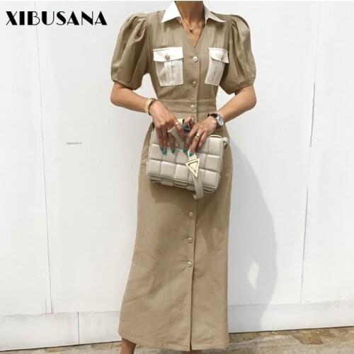 Women Vintage Single-Breasted Long Dresses 2021 Summer Short Sleeve V-Neck Pockets Dressees Casual Elegant Femme Vestidos New