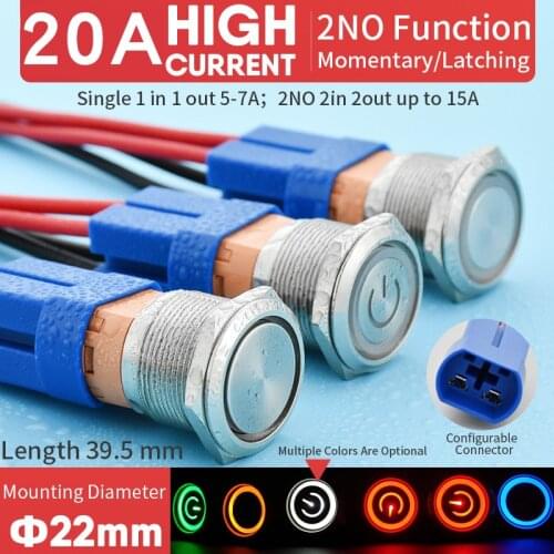 2NO 20A 22mm Metal button switch Momentary self reset/locking Latching Waterproof LED Warning Indicator Light Signal Lamp Pilot