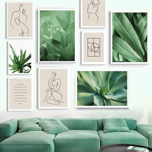 Abstract Line Woman Green Leaf Plant Agave Wall Art Print Canvas Painting Nordic Poster Decor Pictures For Living Couple Room