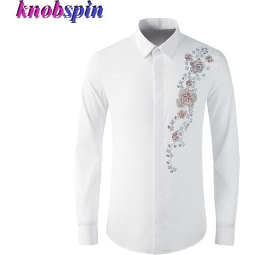Elegant Flower Beading Shirt Men Solid Slim Long sleeve Casual Business male dress Shirts Plus size M-4XL Camisas masculina