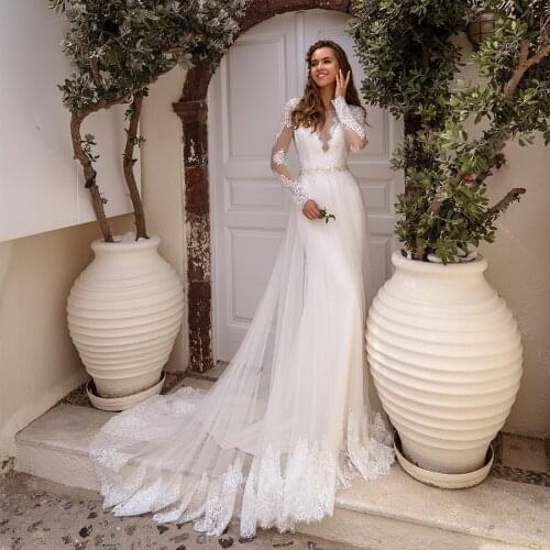 Classic 2021 Wedding Dress Detachable Tulle Skirt Elegant Long Sleeves Lace Bridal Gown Beading Bride Dresses Robe De Mariee