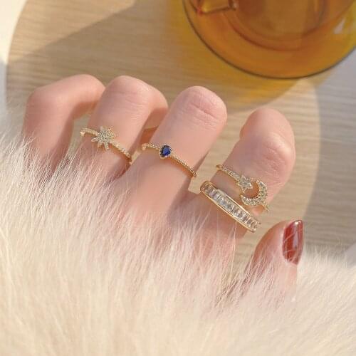 The Latest Design 14K Real Gold AAA Zircon Star And Moon Flash Diamond Blue Teardrop Open Ring Banquet Ladies Wear Jewelry