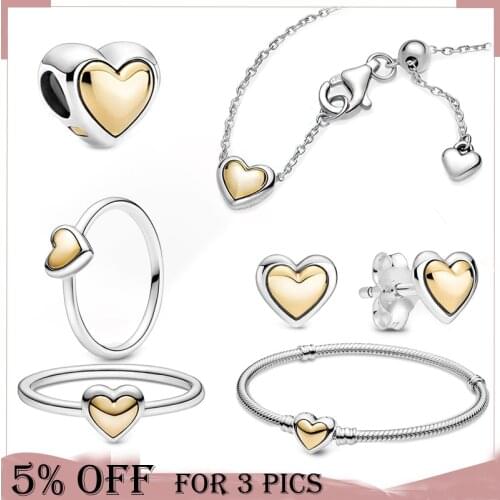 2021 Mothers Day 925 Sterling Silver Beads Golden Heart Charm Collections Fit Original Pandora Bracelet Women Jewelry Gift