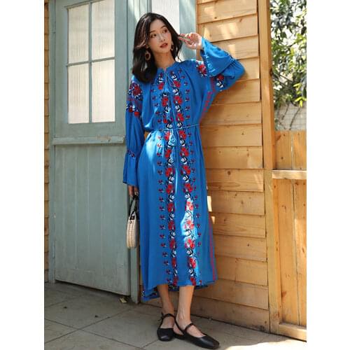 Summer new nepalese tourist beach holiday dress retro ethnic rose embroidered dress Bohemian seaside dress