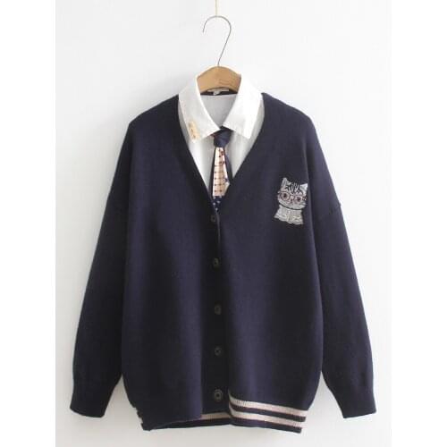 Preppy Style Cute Womens Loose Knitted Sweater Embroidery Cardigan Long Sleeve Fall,Winter V-Neck Sweaters Cute Sweet