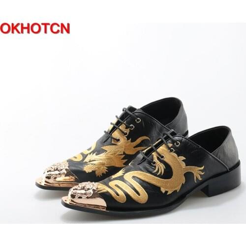 OKHOTCN Dragon Embroider Men Shoes Oxfords Metal Toe Lace Up Flats Shoes Leather Business Dress Shoes Man Footwear Plus size