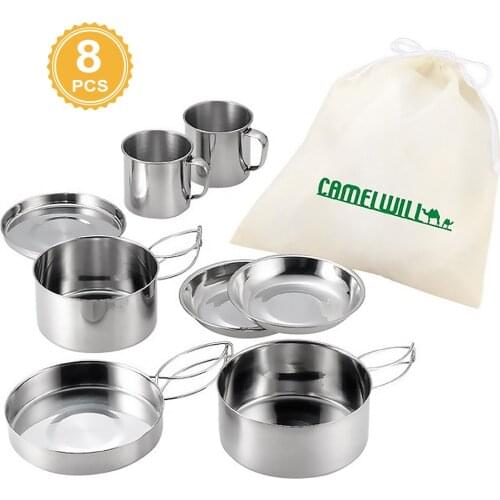 8-piece Outdoor Portable Tableware for 3-4 People, Stainless Steel Cooking Tools, Camping Pot, Picnic Pot Titanium Camp